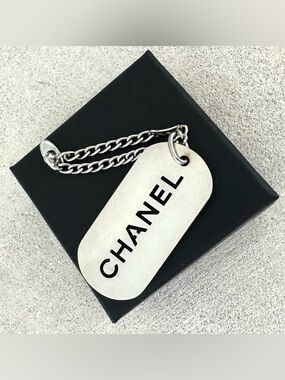 CHANEL Silver Dog Tag Charm Keychain Logo Plate w/Box